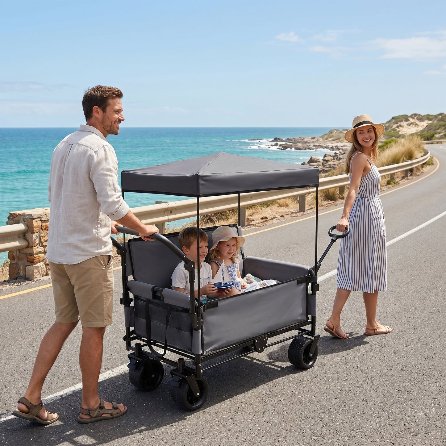 3-in-1 Folding Wagon Cart with Bench Seat, Canopy & Storage