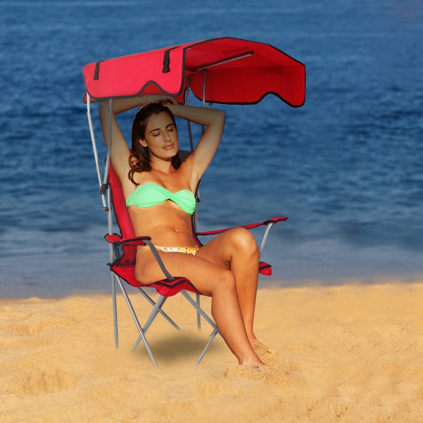 Foldable Beach Canopy Chair Sun Protection w/ Cup Holder