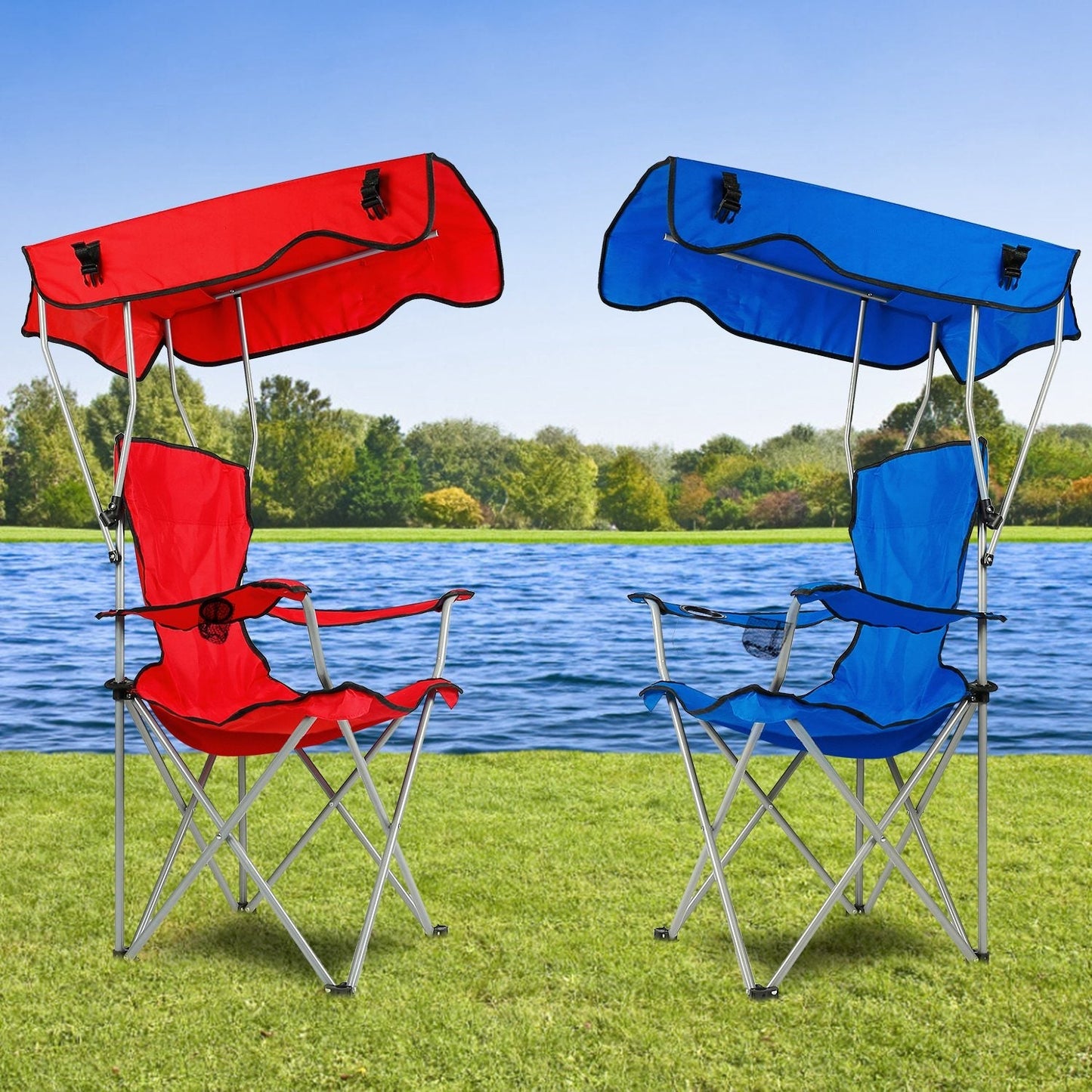 Foldable Beach Canopy Chair Sun Protection w/ Cup Holder