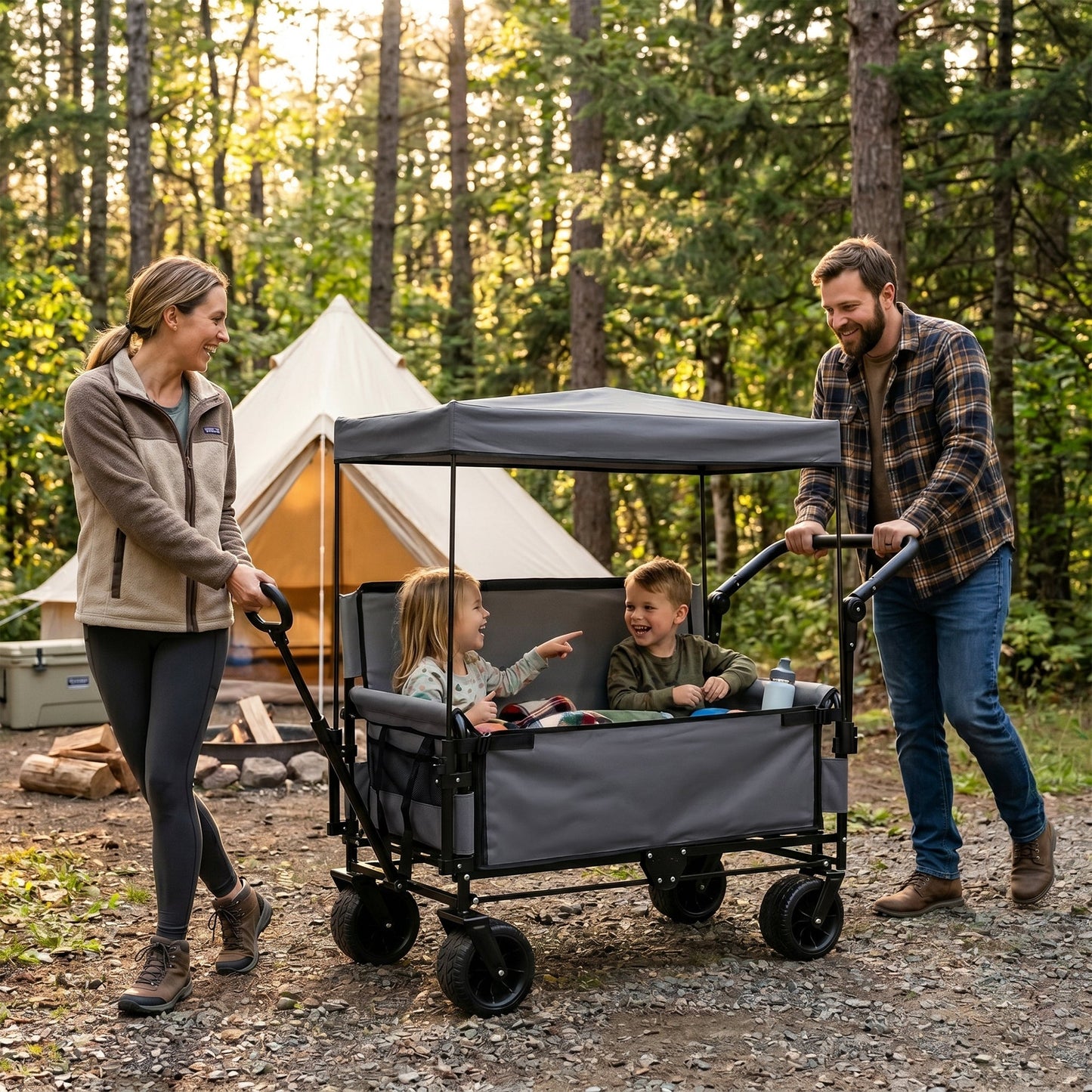 3-in-1 Folding Wagon Cart with Bench Seat, Canopy & Storage