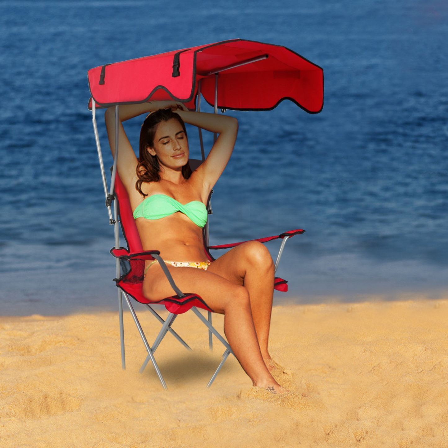 Foldable Beach Canopy Chair Sun Protection w/ Cup Holder