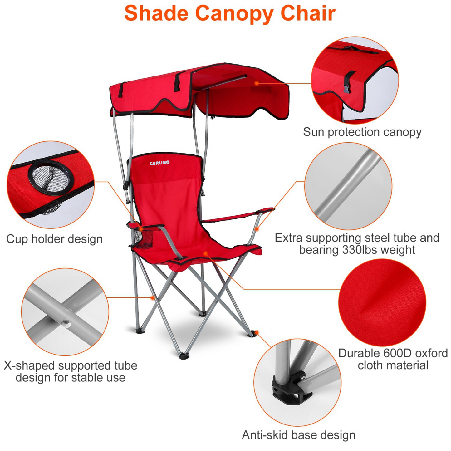Foldable Beach Canopy Chair Sun Protection w/ Cup Holder