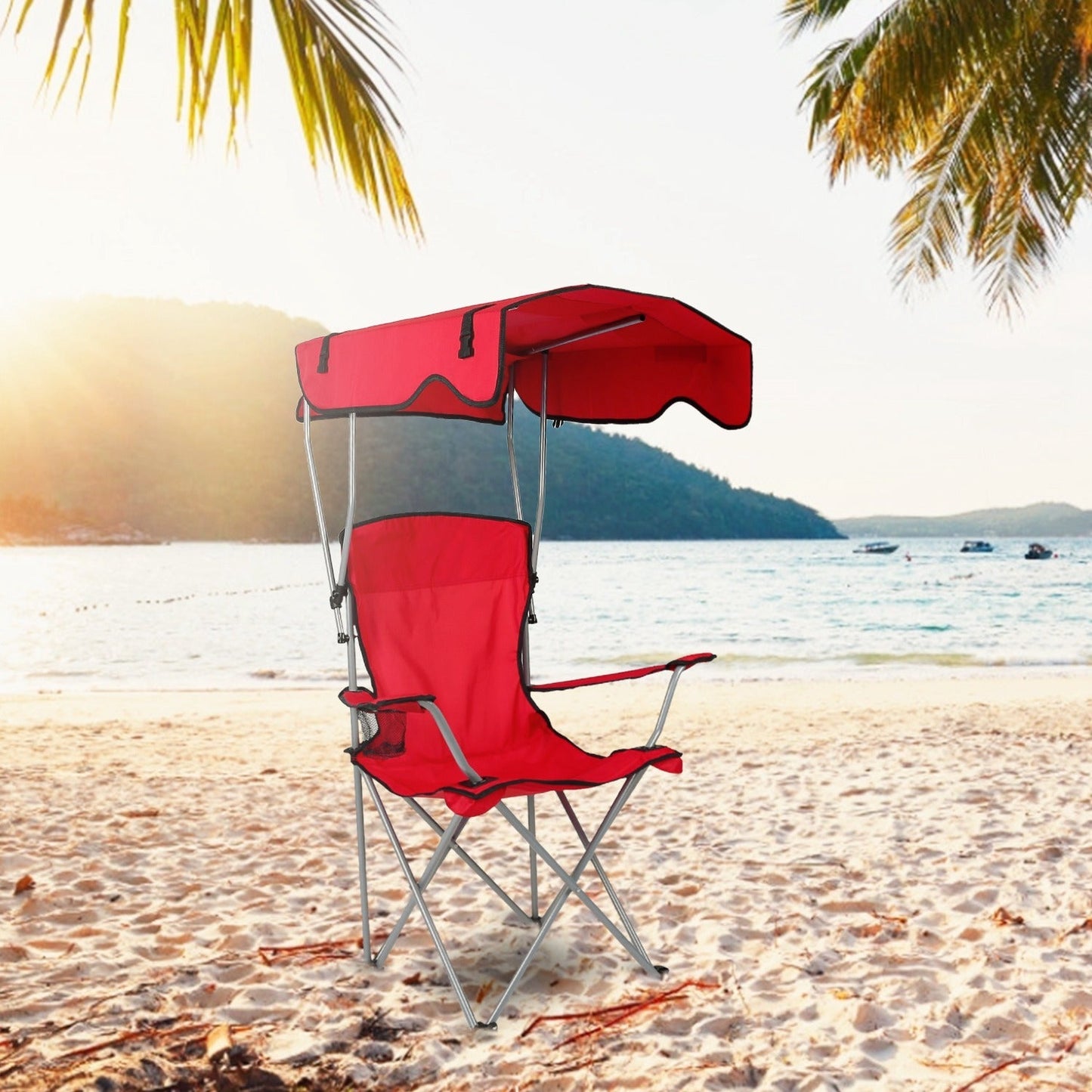 Foldable Beach Canopy Chair Sun Protection w/ Cup Holder
