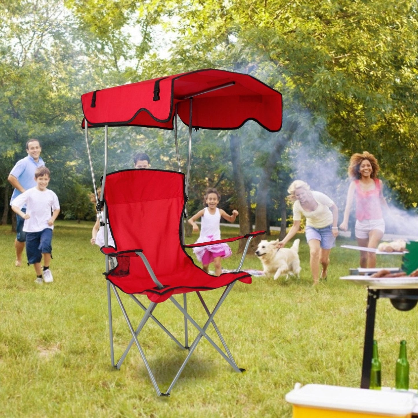 Foldable Beach Canopy Chair Sun Protection w/ Cup Holder