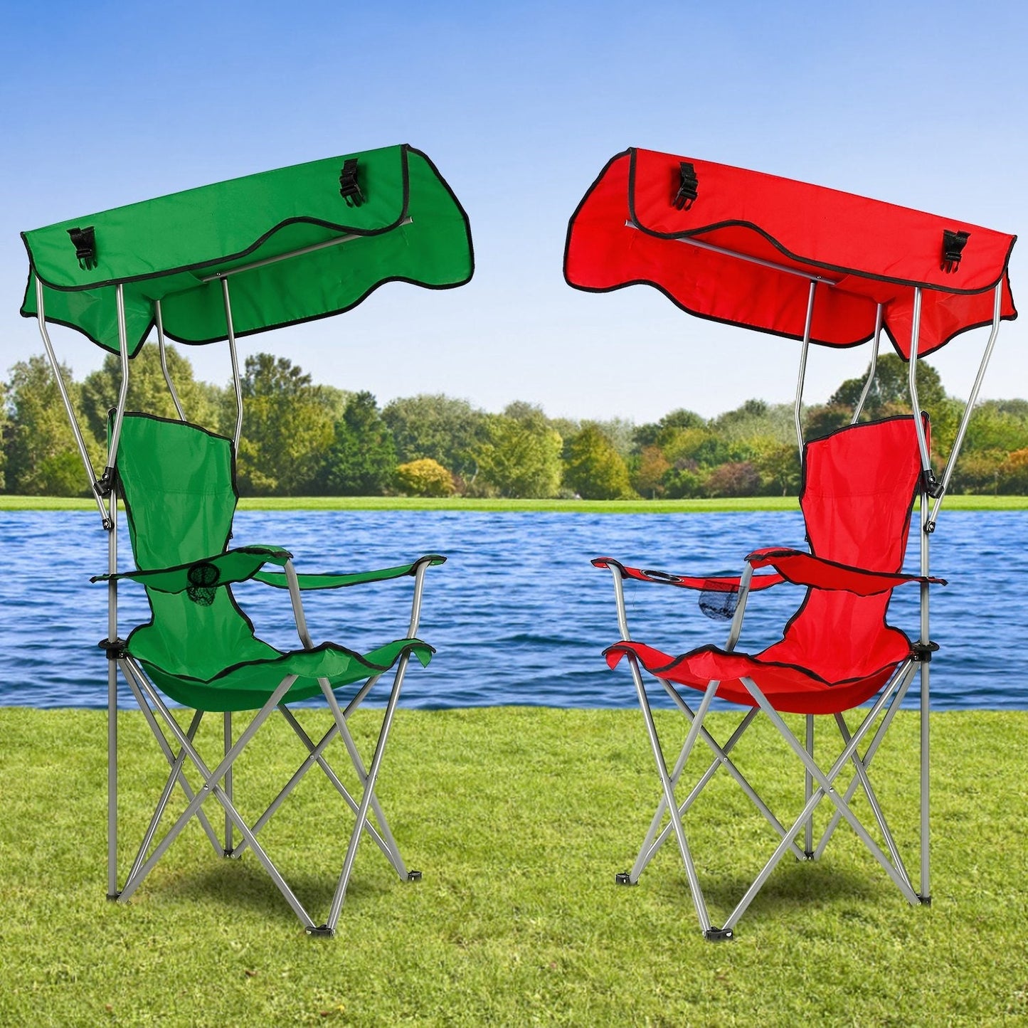 Foldable Beach Canopy Chair Sun Protection w/ Cup Holder
