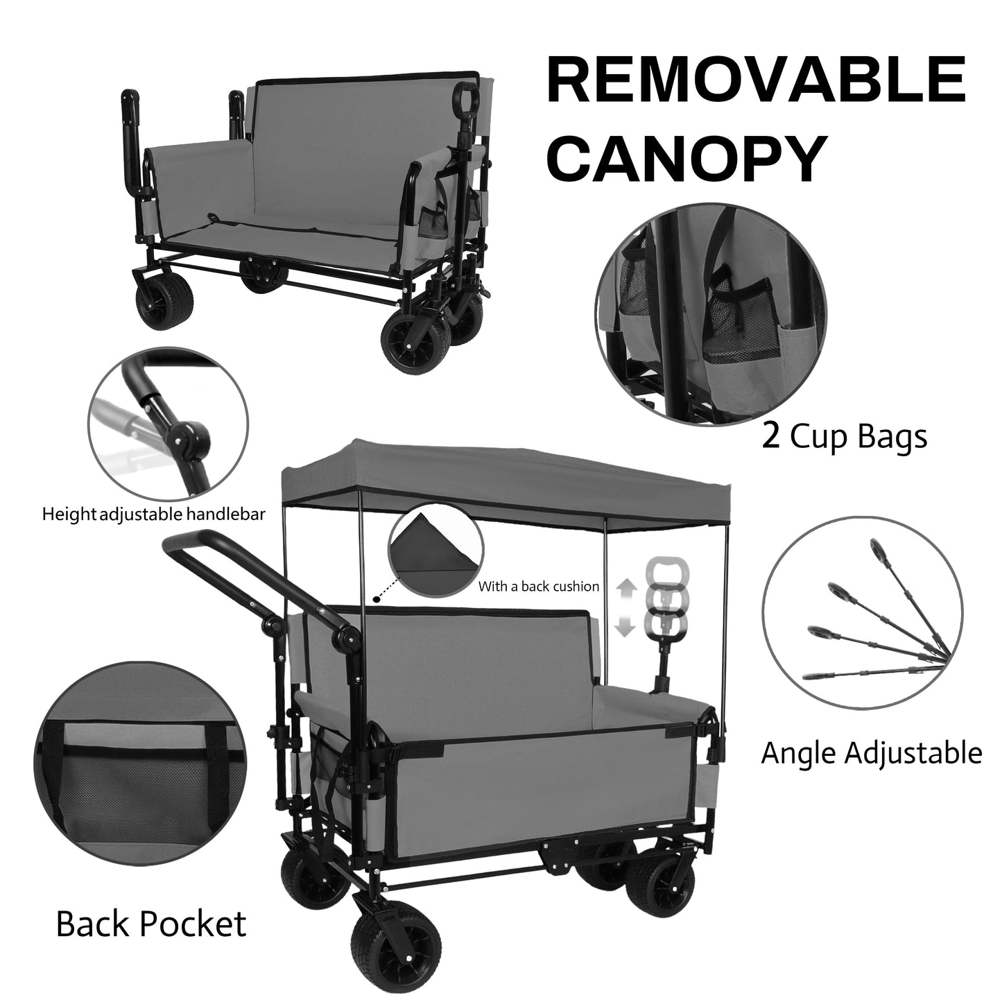 3-in-1 Folding Wagon Cart with Bench Seat, Canopy & Storage