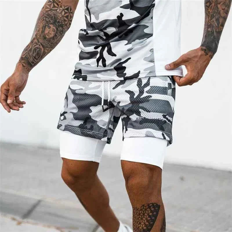 Men's 2-in-1 Camo Mesh Running Gym Shorts