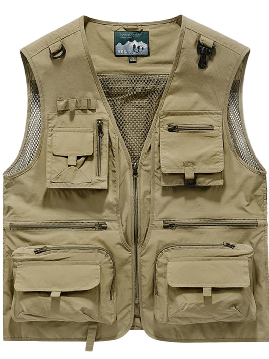 Men's Lightweight Tactical Cargo Vest - Multi-Pocket Breathable Mesh Outdoor Khaki 2XL