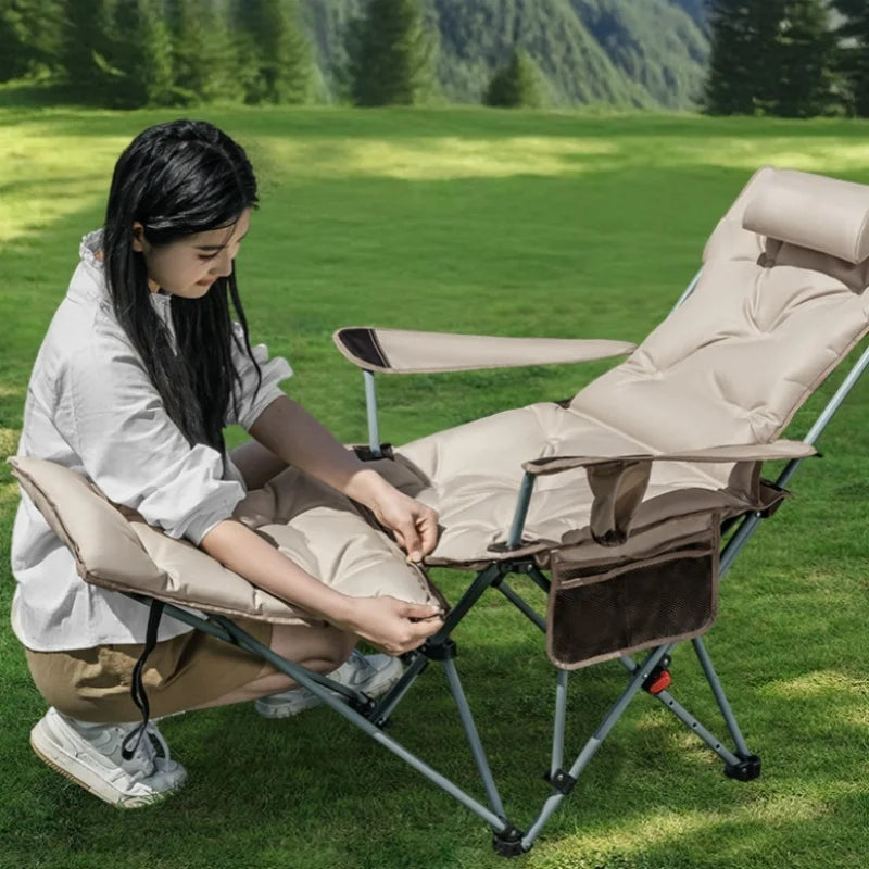 Folding Recliner Portable Camping Chair with Adjustable Backrest and Cotton-Filled Seat for Travel Beach Fishing Outdoor Chair