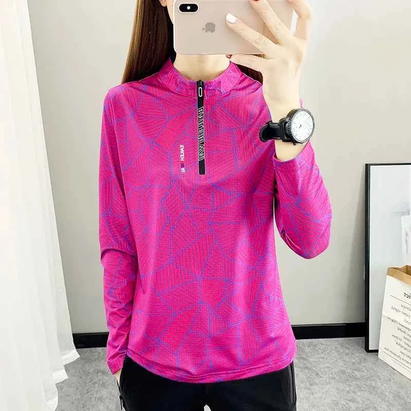 Outdoor Running Long Sleeve T-shirt, Women Hiking Sweatshirt, Breathable Sport Top, Elasticity Camping Shirt, Quick Dry Fashion Print, Mom Activewear