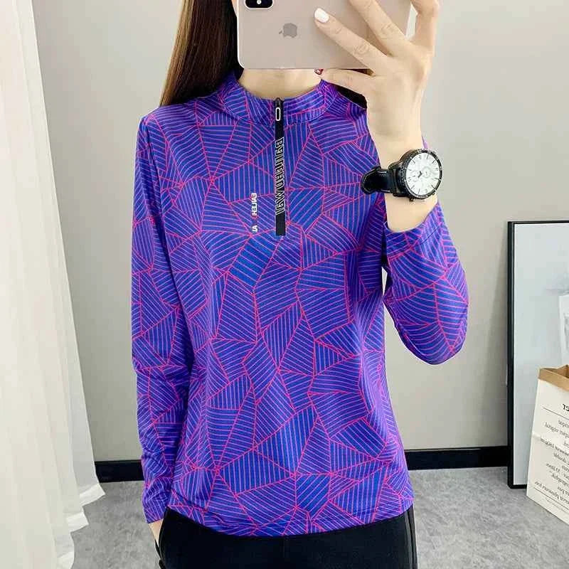 Outdoor Running Long Sleeve T-shirt, Women Hiking Sweatshirt, Breathable Sport Top, Elasticity Camping Shirt, Quick Dry Fashion Print, Mom Activewear