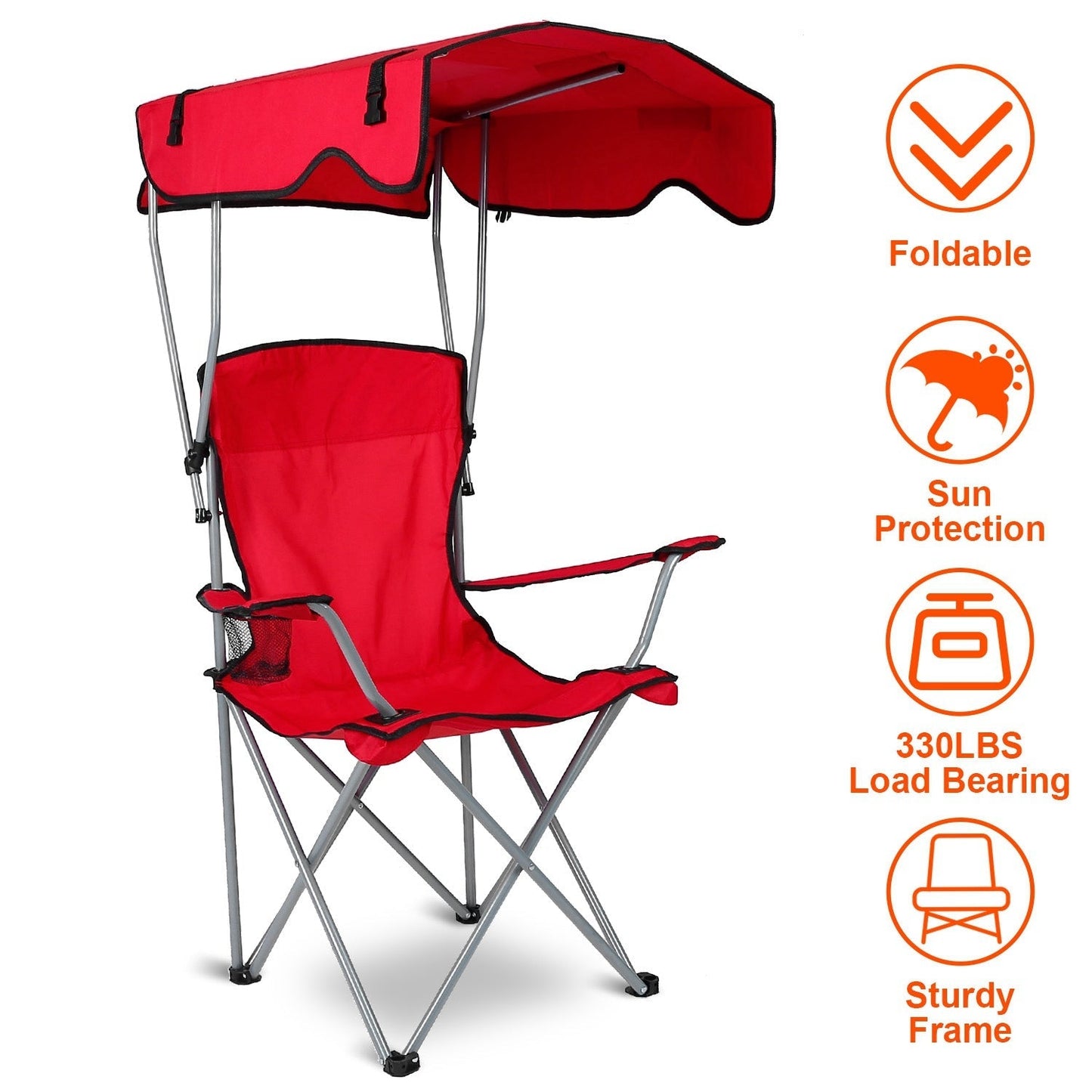 Foldable Beach Canopy Chair Sun Protection w/ Cup Holder