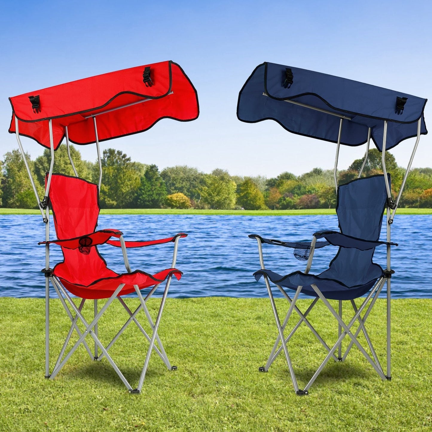 Foldable Beach Canopy Chair Sun Protection w/ Cup Holder